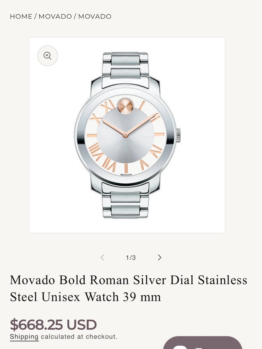 Movado Silver and Rose Gold Roman Bracelet Watch